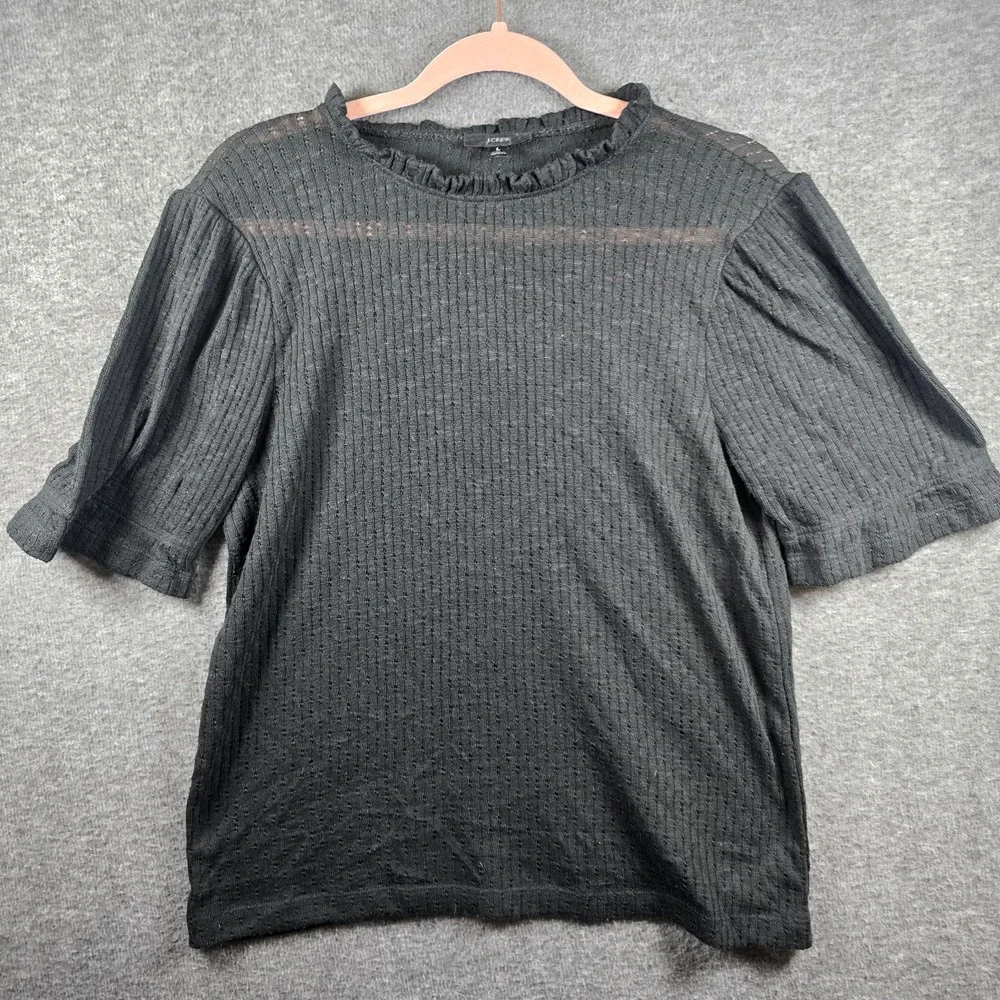J. Crew Women L Dark Gray/Grey Short Sleeve Sheer Shirt Ruffled Collar - Picture 1 of 8